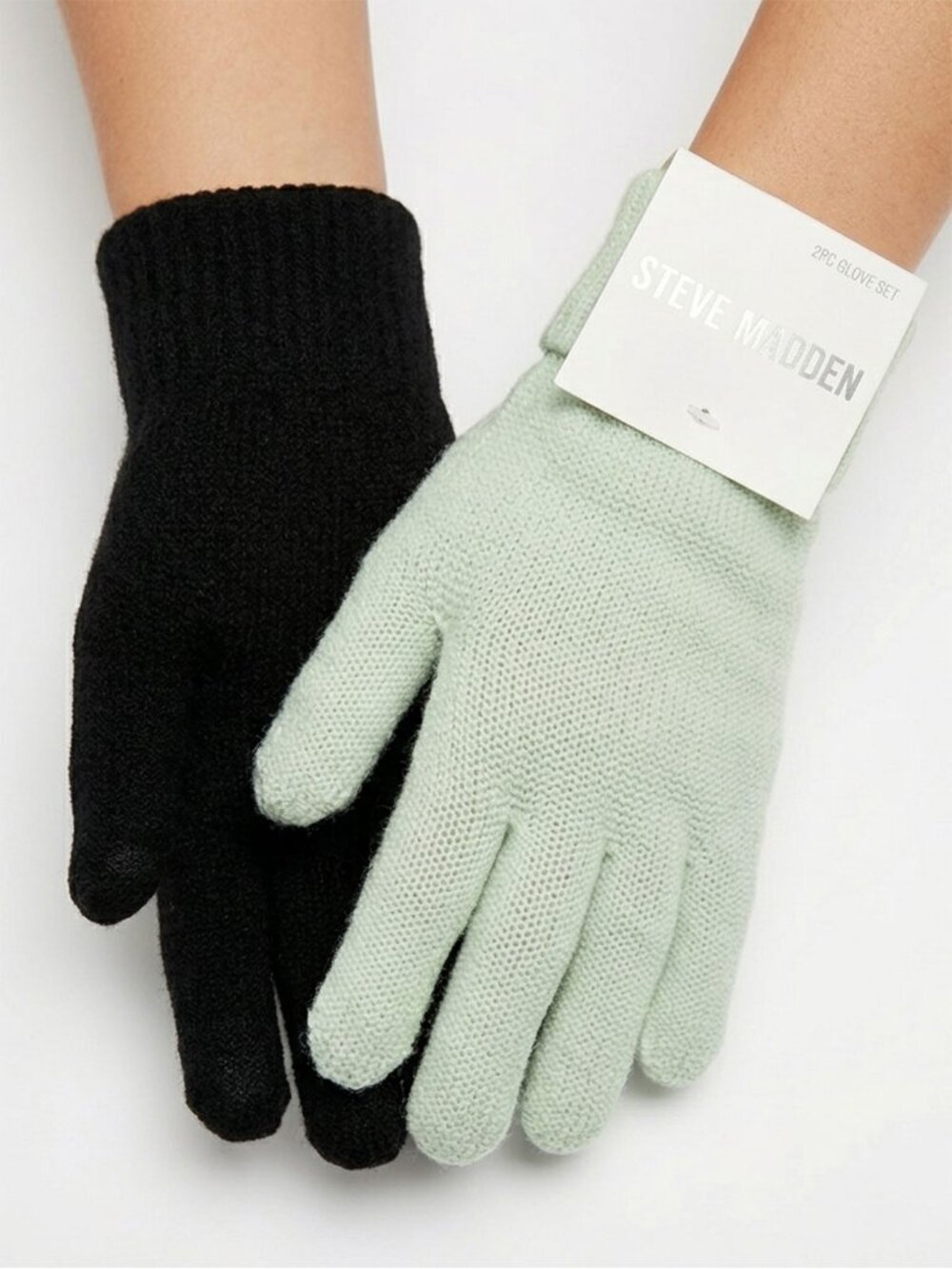 Steve Madden Knit Gloves Set 2 Pairs Black & Sage Green Winter Warm Soft NWT New